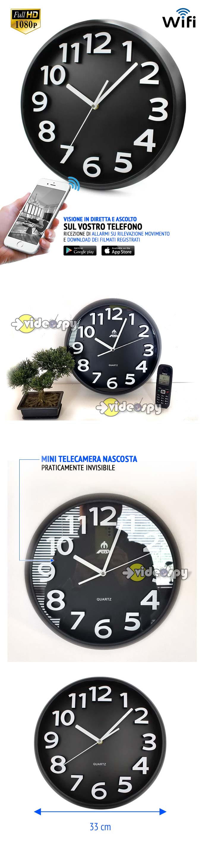 orologio da muro con telecamera spia senza fili wifi