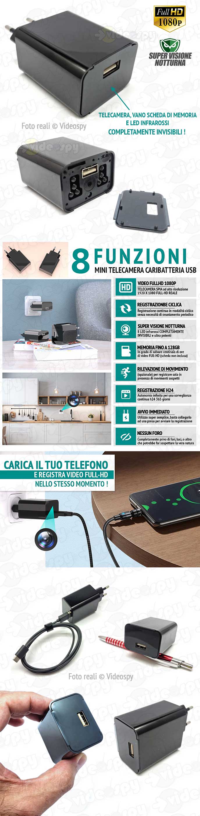 caricabatteria per cellulari spia USB con telecamera nascosta a visione notturna