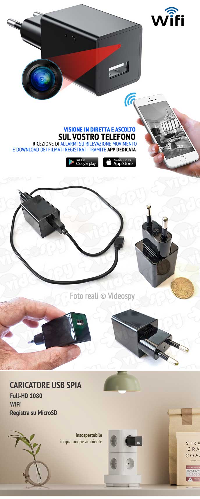 telecamera wifi nascosta in caricatore USB