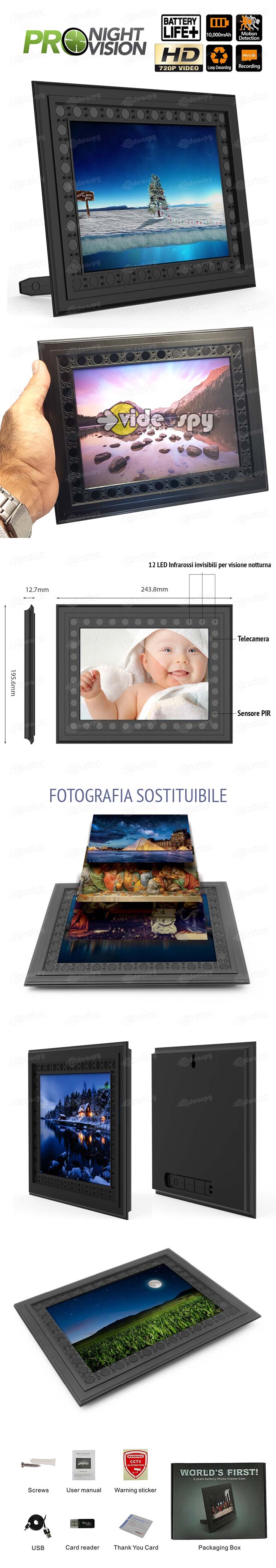 cornice con telecamera notturna nascosta