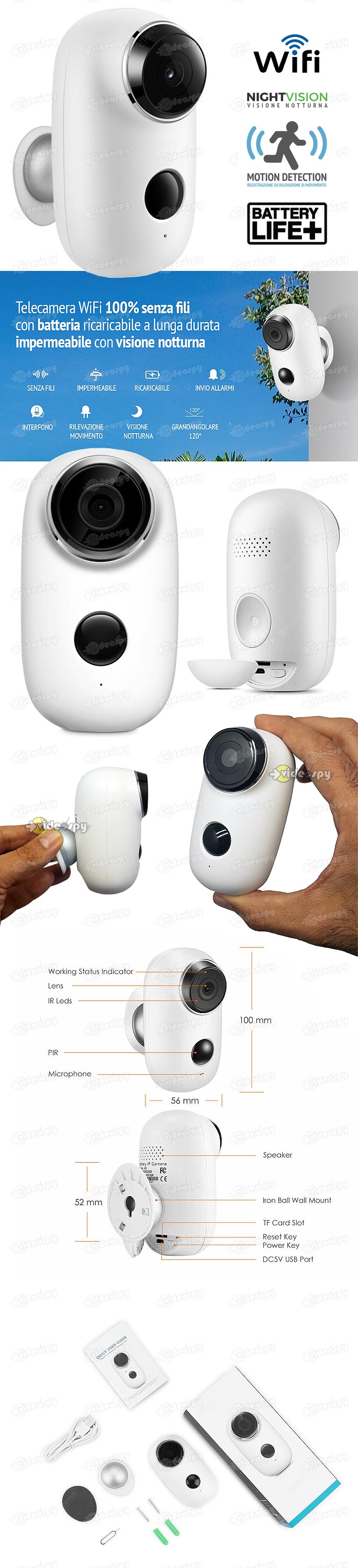 mini telecamera da esterni a batteria con visione notturna e rilevazione di movimento