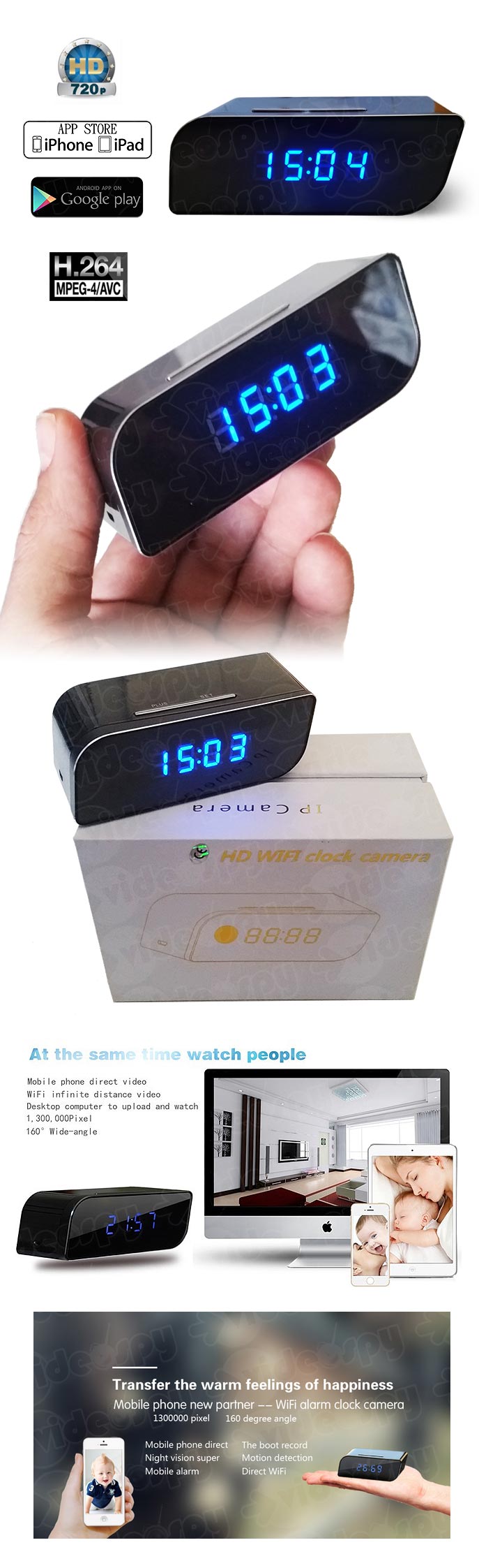 telecamera spia hd wifi nascosta in orologio da tavolo