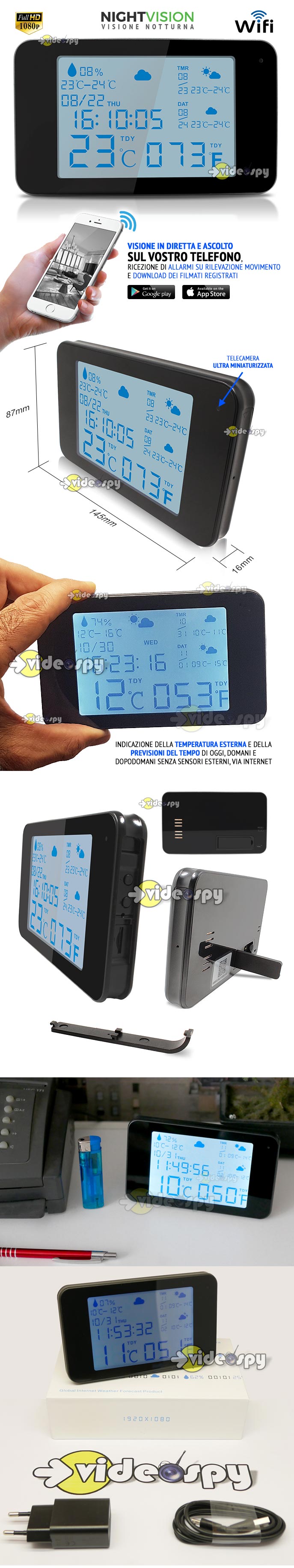 stazione meteo e orologio sveglia con mini telecamera spia wifi nascosta