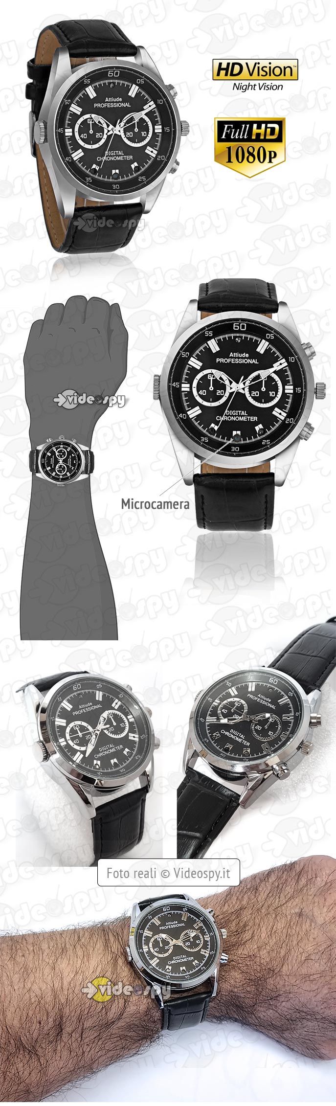 Orologio con telecamera spia full-hd e cinturino in pelle