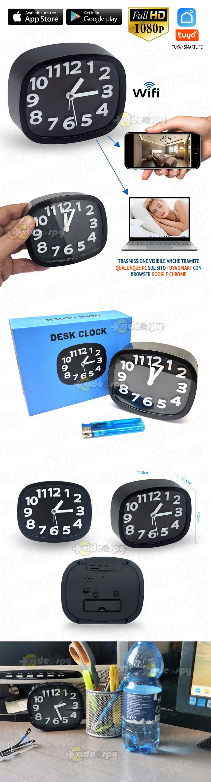 sveglia a lancette con telecamera spia wifi occultata