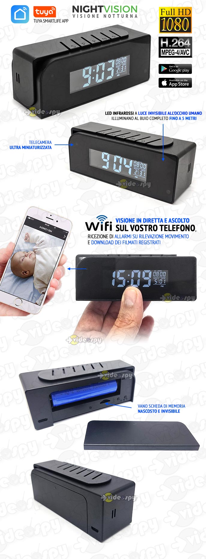 telecamera spia hd wifi nascosta in sveglia funzionante