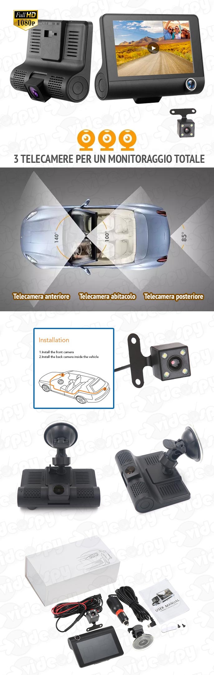 Telecamera per auto triplo obiettivo VSX300 FULL HD 