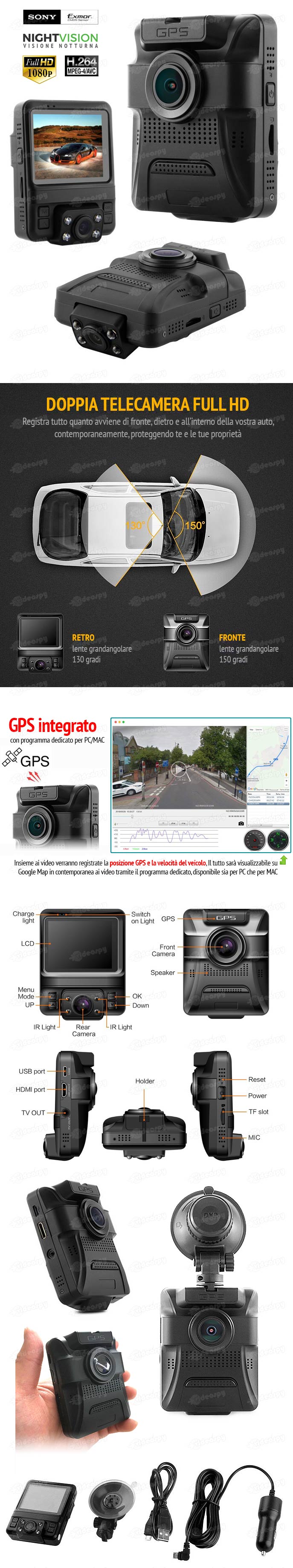 Telecamera per auto con GPS e doppio obiettivo fronte e retro VSX4001